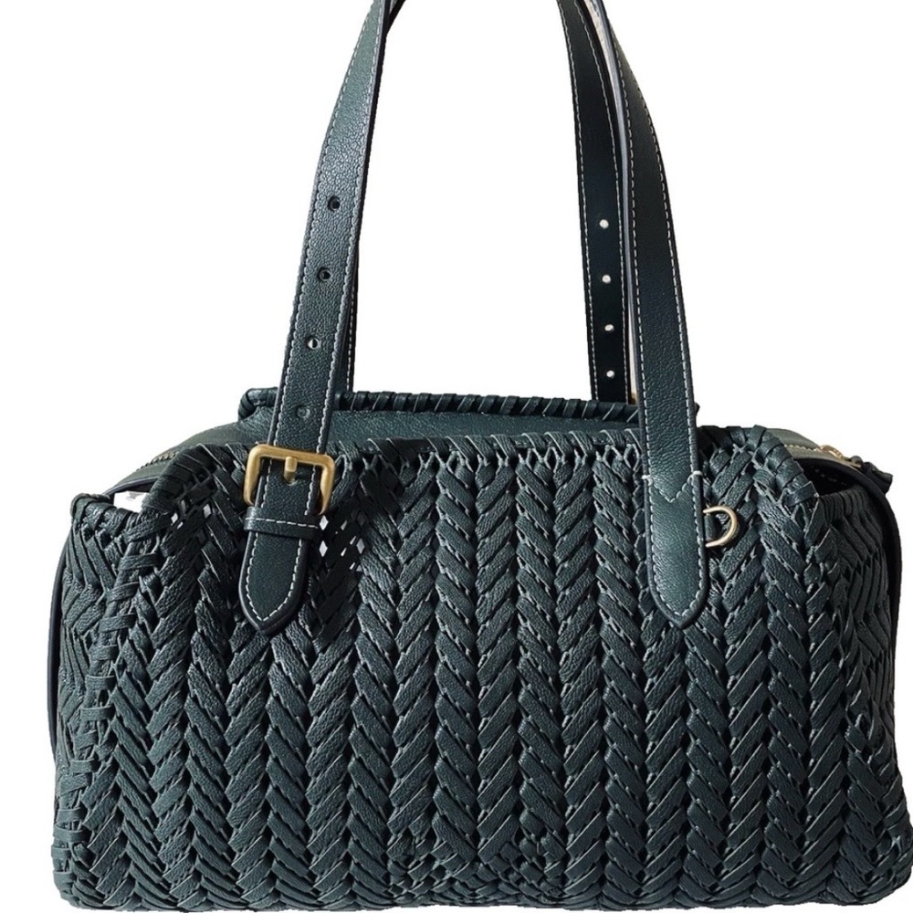 Anya Hindmarch Neeson Zip Top Handbag Woven Braided Leather Top Handle Green